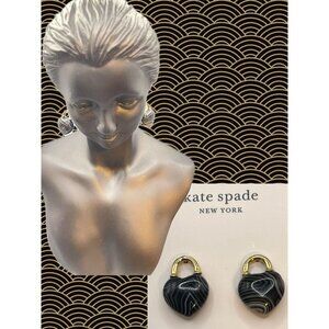 Kate Spade Black Rose Quartz Hand Carved Open Heart Padlock Drop Post Earrings